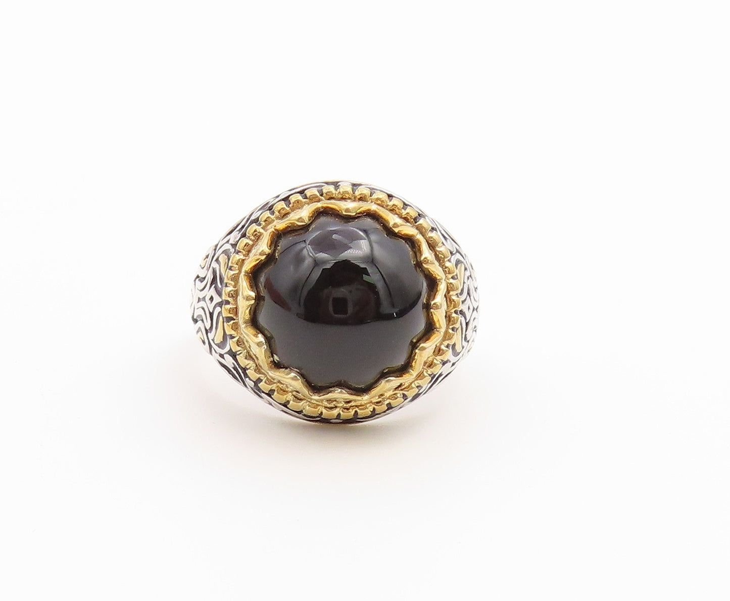 925 Sterling Silver Vintage Ring Two Tone Onyx Statement Band  Sz 7  RG36727