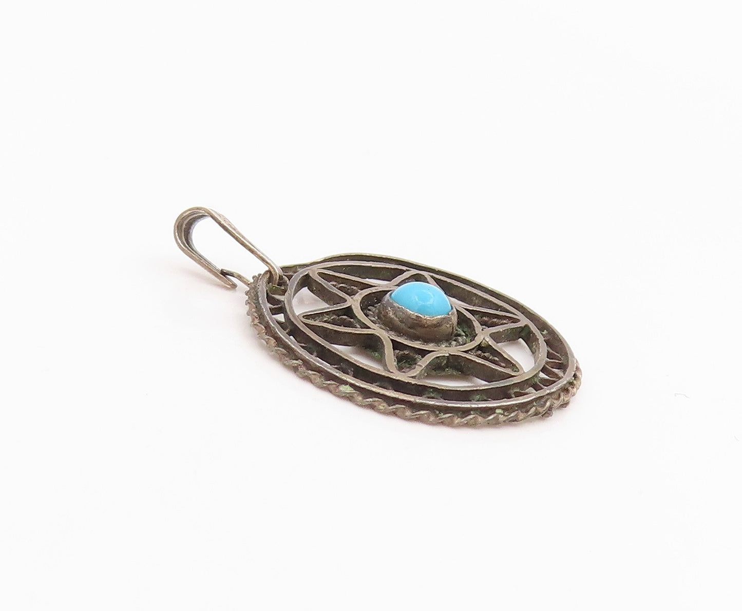 925 Sterling Silver Vintage Pendant Turquoise Openwork Pentagram Charm  PT26078
