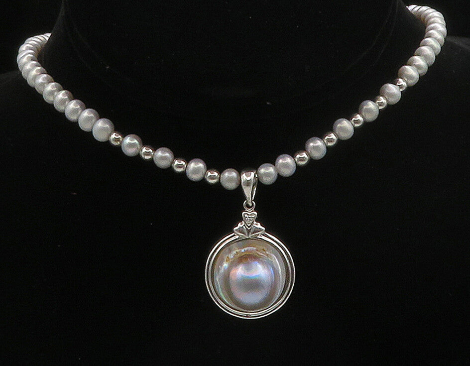 925 Sterling Silver  Shiny Freshwater Pearls Beaded Chain Necklace  NE2574