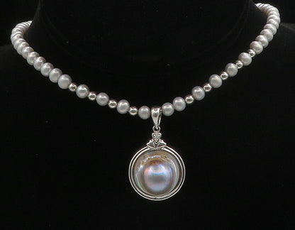 925 Sterling Silver  Shiny Freshwater Pearls Beaded Chain Necklace  NE2574