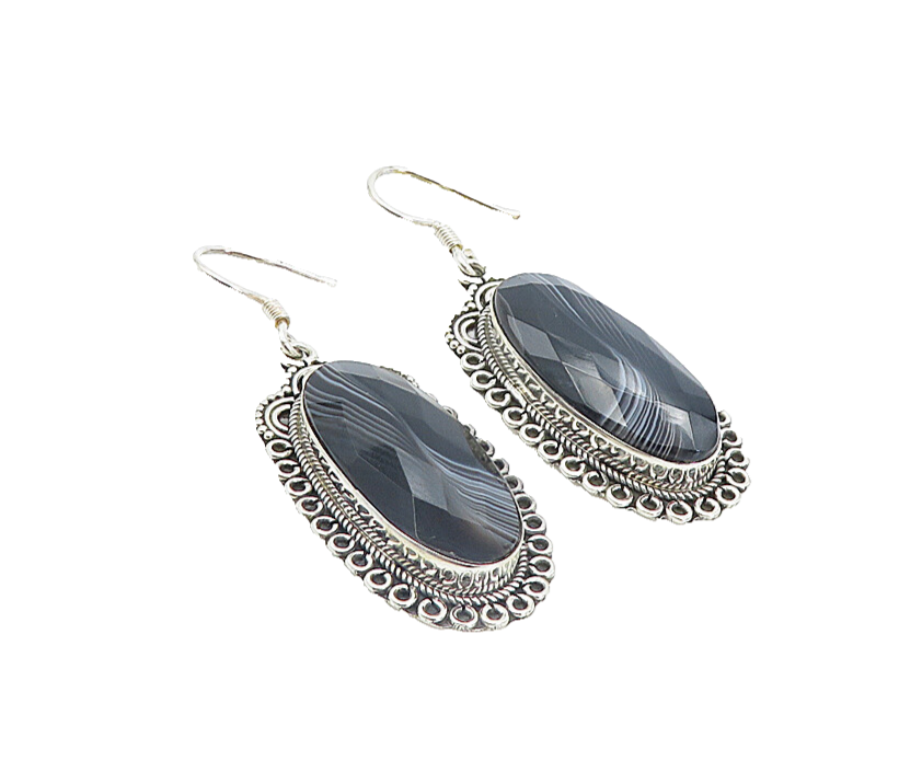 925 Sterling Silver  Vintage Faceted Black Agate Oblong Dangle Earrings EG3751