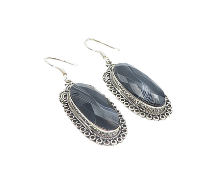 925 Sterling Silver  Vintage Faceted Black Agate Oblong Dangle Earrings EG3751