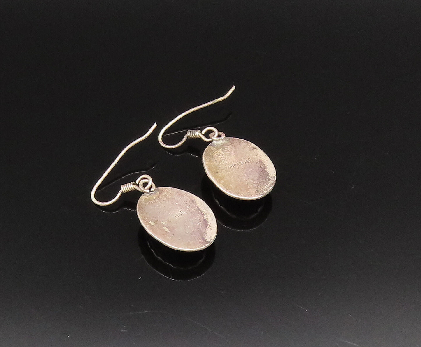 925 Silver  Vintage Etched Border Cabochon Lapis Lazuli Drop Earrings  EG12125