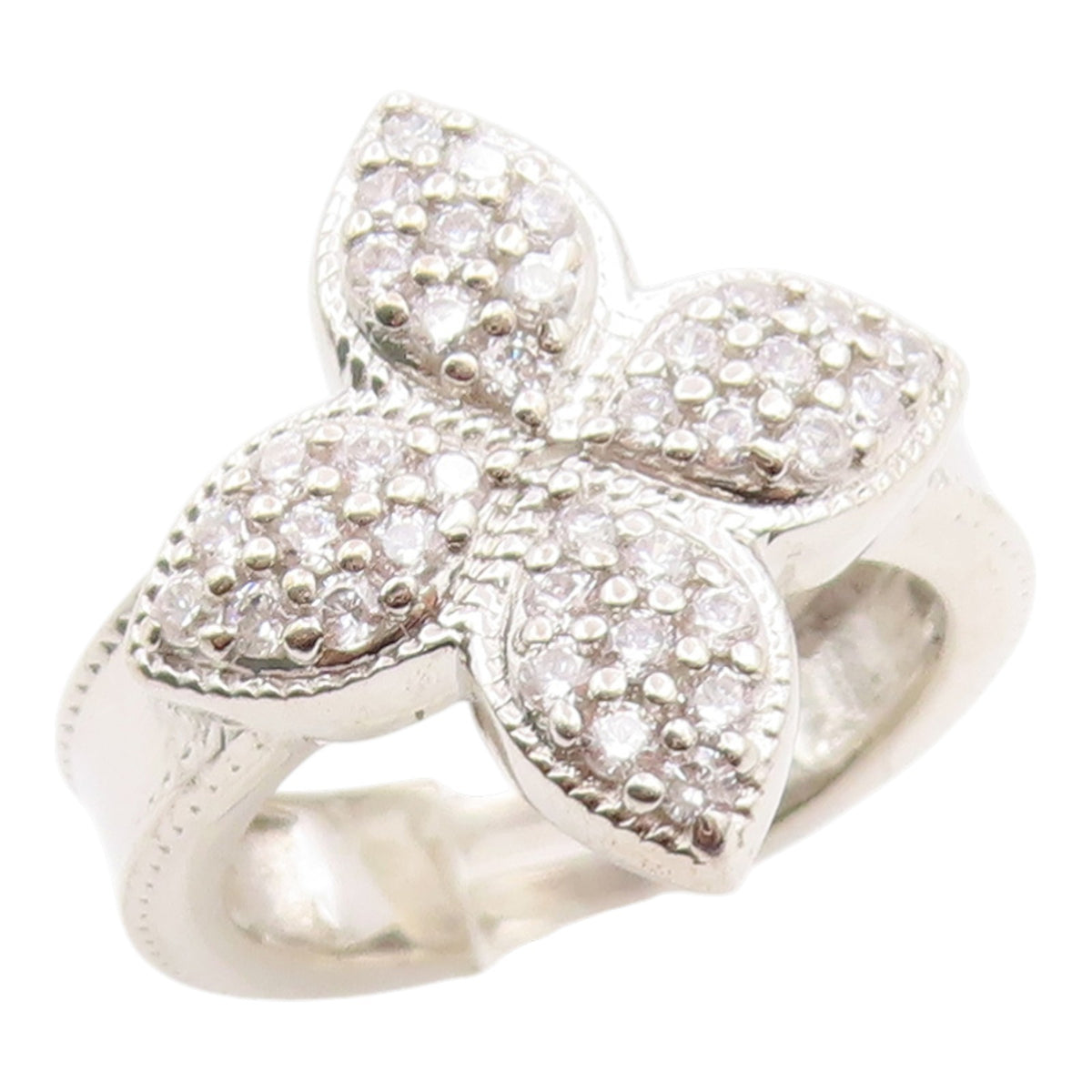 925 Sterling Silver Vintage Ring Modernist CZ Floral Petal Band  Sz 5  RG35624