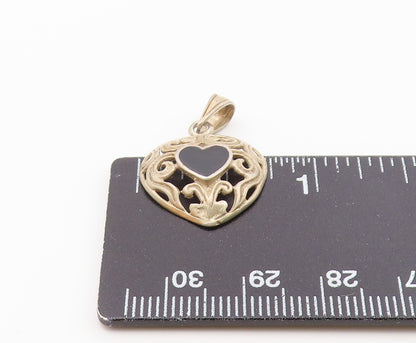 925 Sterling Silver  Vintage Black Onyx Love Heart Swirl Dome Pendant  PT17581