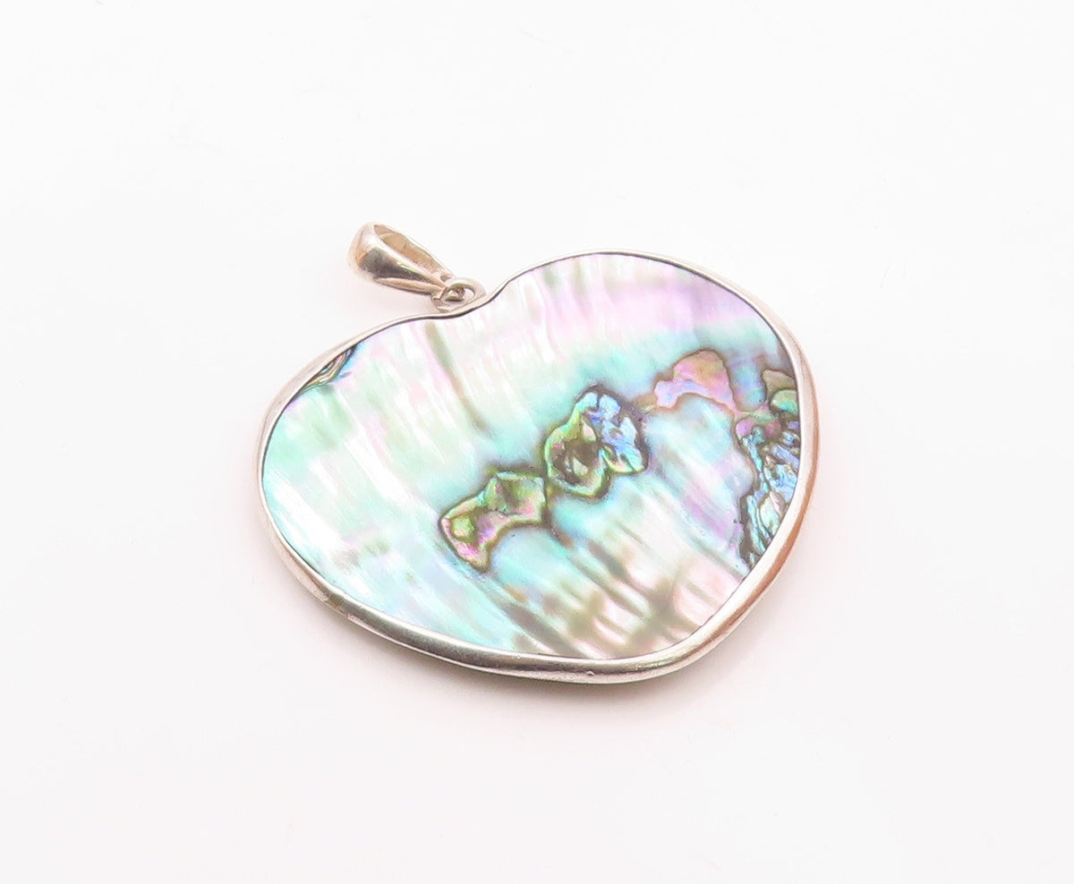 925 Sterling Silver  Vintage Double Sided Heart Shaped Abalone Pendant PT21767