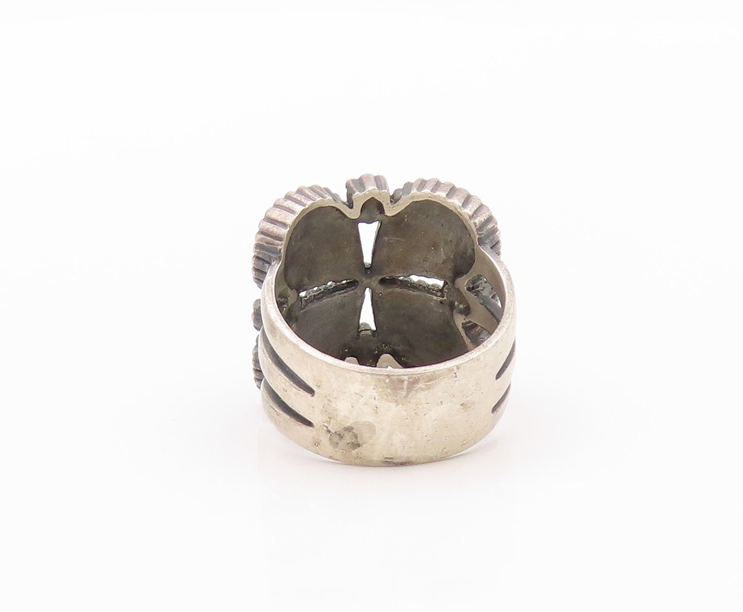 925 Sterling Silver Vintage Ring Antique Dark Tone Beaded Flower  Sz 7.5 RG32400