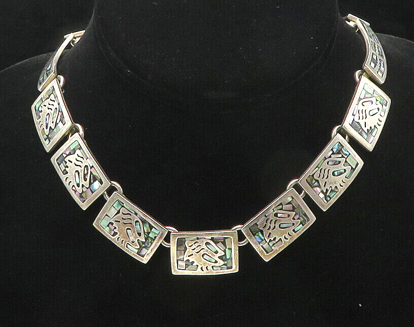 MEXICO 925 Sterling Silver  Vintage Abalone Mosaic Chain Necklace  NE2988