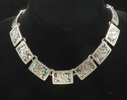 MEXICO 925 Sterling Silver  Vintage Abalone Mosaic Chain Necklace  NE2988