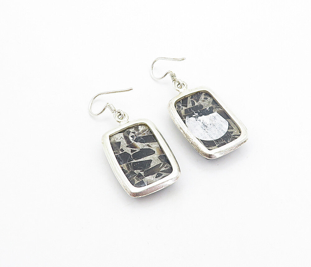 925 Sterling Silver  Vintage Black Onyx Mosaic Square Dangle Earrings  EG3173