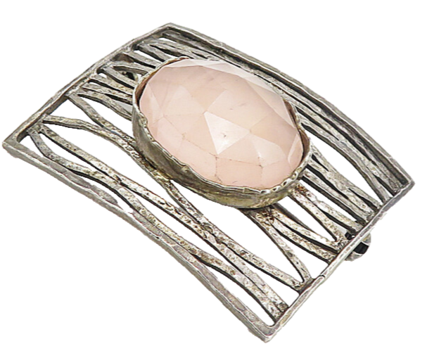 925 Sterling Silver  Vintage Faceted Rose Quartz Hammered Brooch Pin  BP3106