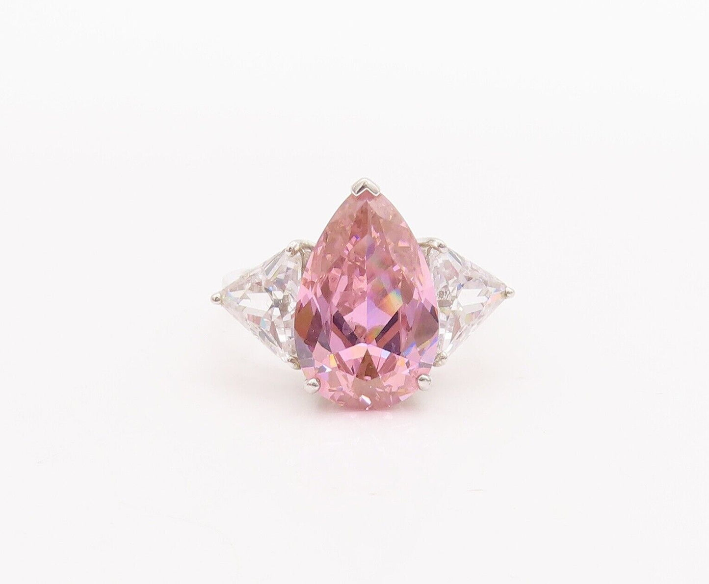925 Sterling Silver Vintage Ring Oval Pink & Triangle White CZ  Sz 10  RG28635