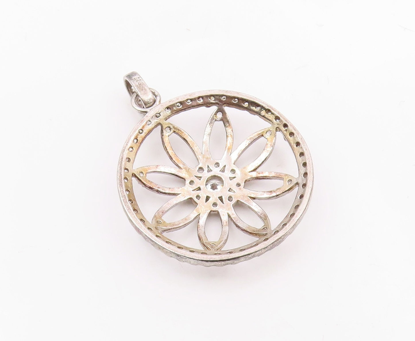 925 Sterling Silver  Vintage Cubic Zirconia Open Flower Motif Pendant  PT18476