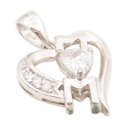925 Sterling Silver Vintage Pendant Cubic Zirconia MOM Love Heart Charm  PT25527