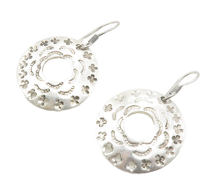 MEXICO 925 Sterling Silver  Vintage Shiny Etched Round Drop Earrings  EG7289