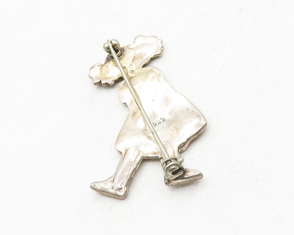925 Sterling Silver  Vintage Little Girl In Dress #1 Ribbon Brooch Pin  BP4947