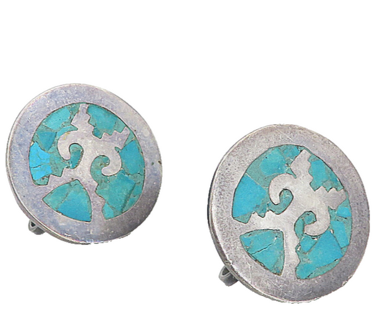 MEXICO 925 Silver  Vintage Inlaid Turquoise Non Pierce Drop Earrings  EG4302