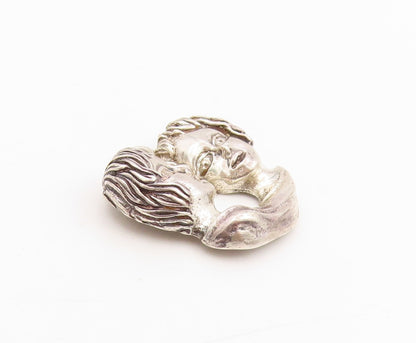 925 Sterling Silver Vintage Pendant Modernist Sculpted Twin Heads Charm  PT25347
