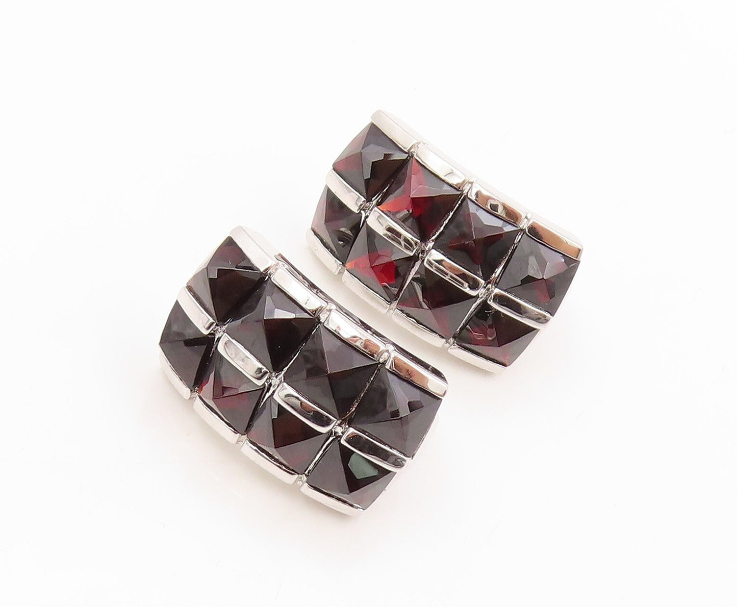 925 Sterling Silver Vintage Earrings Two Row Inside Out Garnet Inlay  EG13398