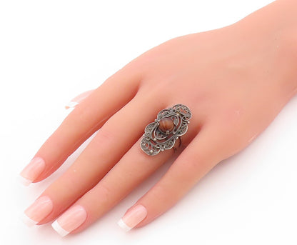 925 Sterling Silver Vintage Ring Dark Tone Swirls Cutout Gemstone Sz 6  RG32838