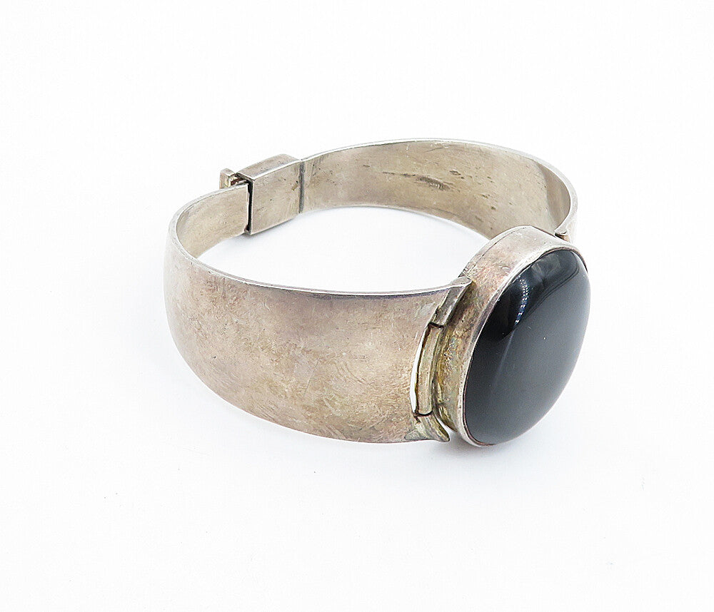 SOLEMN 925 Sterling Silver   Vintage Cabochon Black Onyx Cuff Bracelet  BT3250