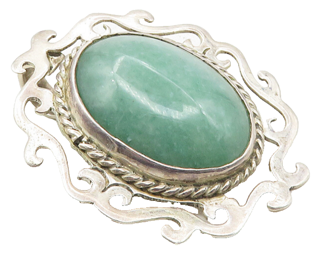 LM MEXICO 925 Silver  Vintage Cabochon Cut Jade Swirl Brooch Pin  BP3621