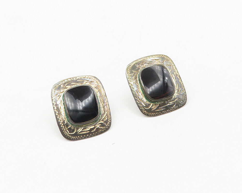 925 Sterling Silver  Vintage Black Onyx Etched Border Drop Earrings  EG9186