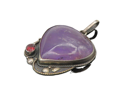925 Sterling Silver  Vintage Cabochon Amethyst Heart & Garnet Pendant  PT15040