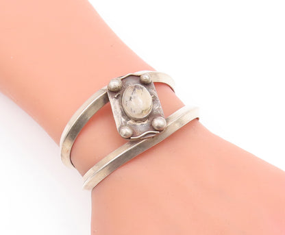 925 Sterling Silver Vintage Bracelet Antique Milky Cabochon Cutout Cuff  BT10524