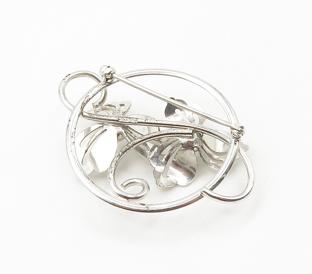 925 Sterling Silver  Vintage Shiny Swirl Flowers Motif Brooch Pin  BP6015