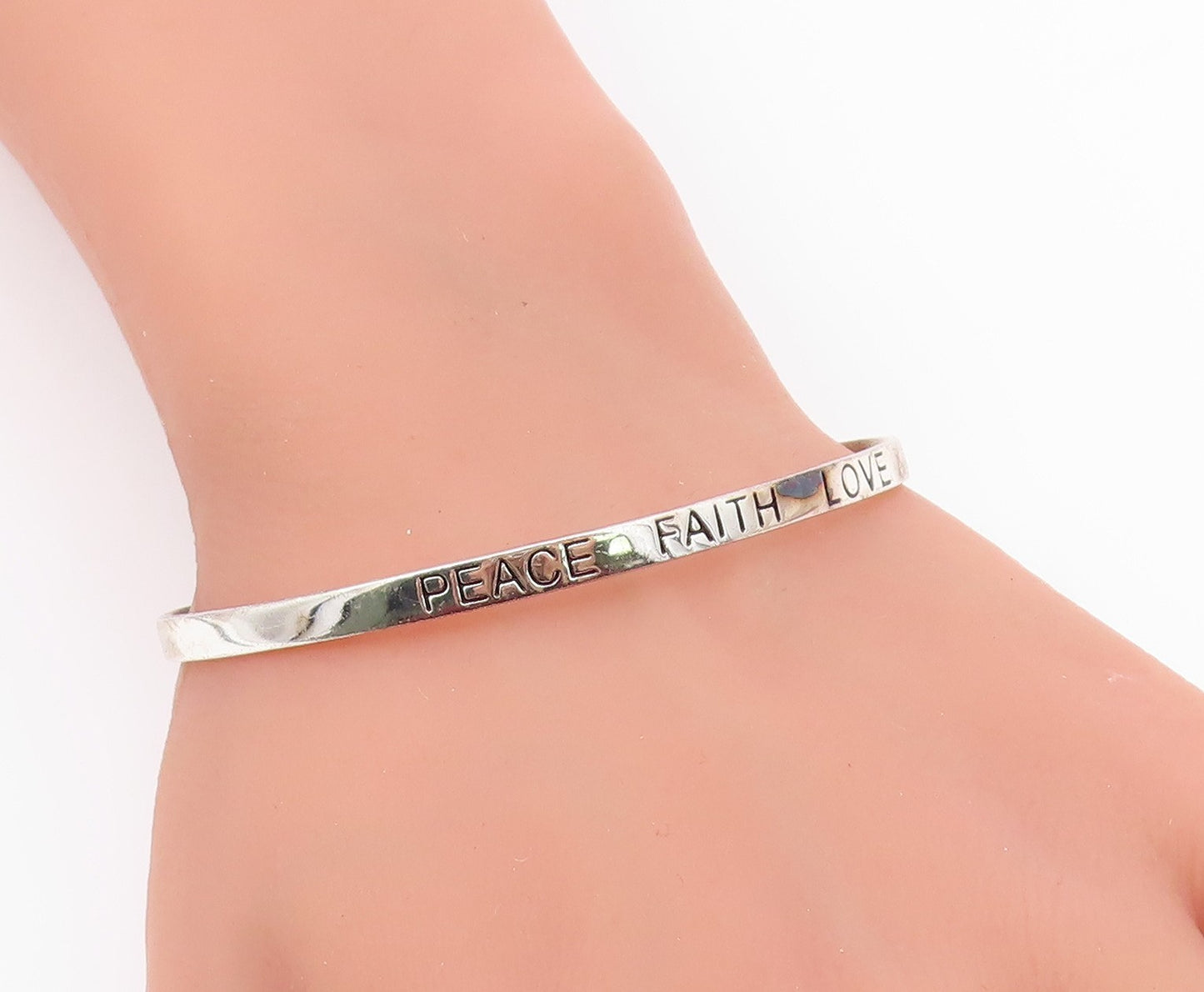 925 Sterling Silver  Vintage Shiny Peace Faith Love Cuff Bracelet  BT8343