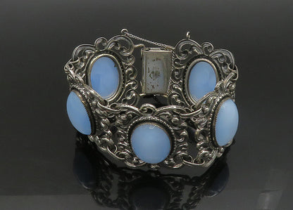 DANECRAFT 925 Sterling Silver  Vintage Blue Glass Swirl Chain Bracelet  BT9171