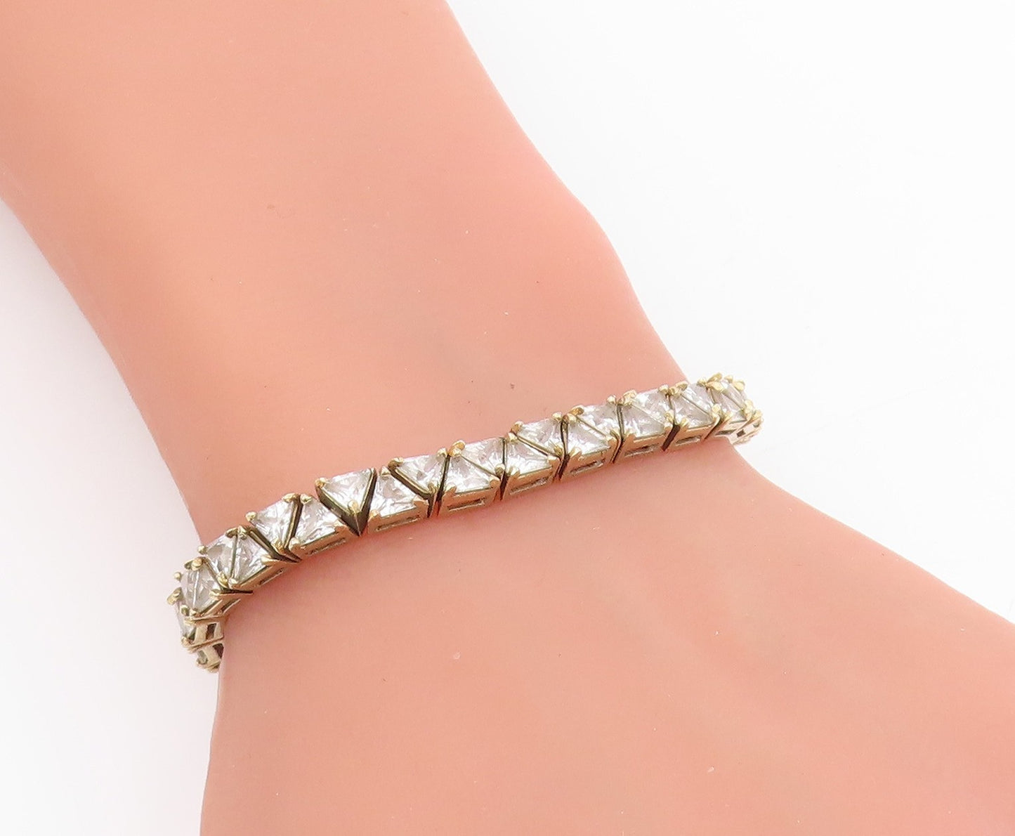 925 Sterling Silver Vintage Bracelet Gold Plated Triangle Cut CZ Chain  BT11453