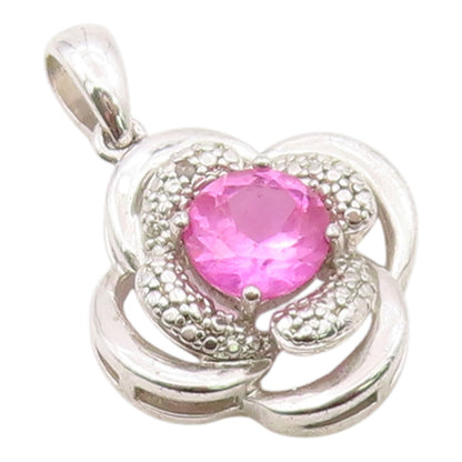 925 Sterling Silver Vintage Pendant Modernist Pink Topaz Floral Charm  PT26328