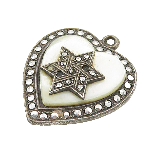 925 Sterling Silver  Vintage Antique Mother Of Pearl Heart Pendant  PT14675