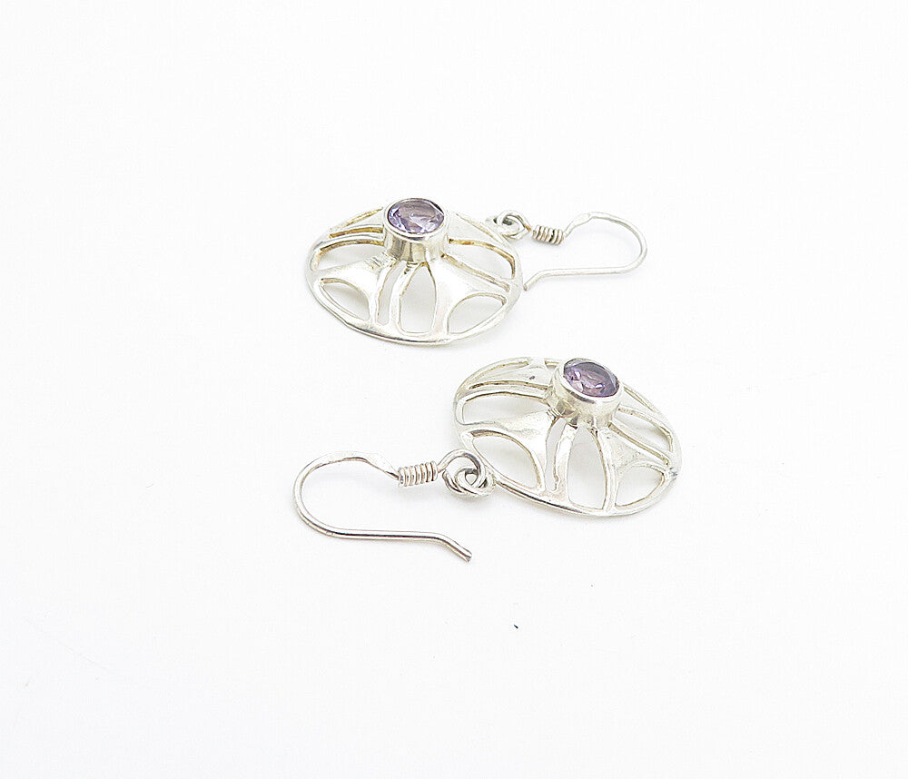 925 Sterling Silver  Amethyst Open Design Round Shiny Dangle Earrings  EG3585
