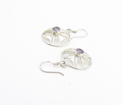 925 Sterling Silver  Amethyst Open Design Round Shiny Dangle Earrings  EG3585