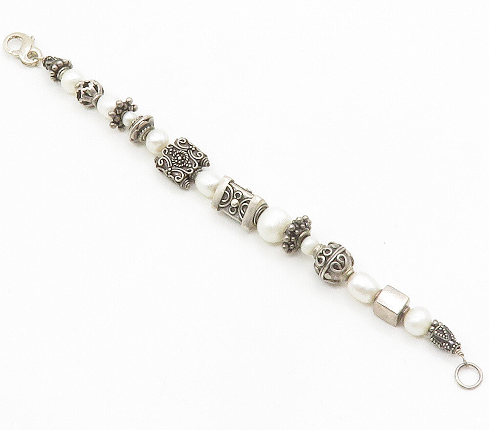 925 Sterling Silver  Vintage Shiny Pearls Ornate Beaded Chain Bracelet  BT5874