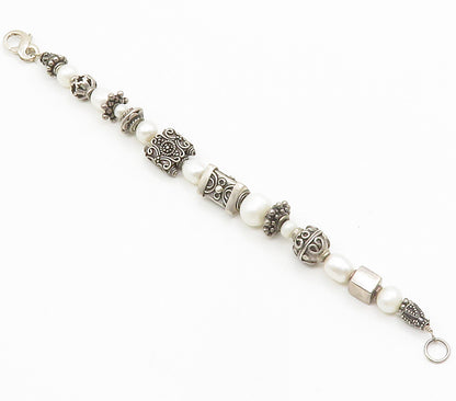 925 Sterling Silver  Vintage Shiny Pearls Ornate Beaded Chain Bracelet  BT5874