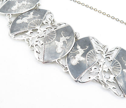 SIAM 925 Sterling Silver  Vintage Niello Dancer Hand Fan Chain Bracelet BT2181