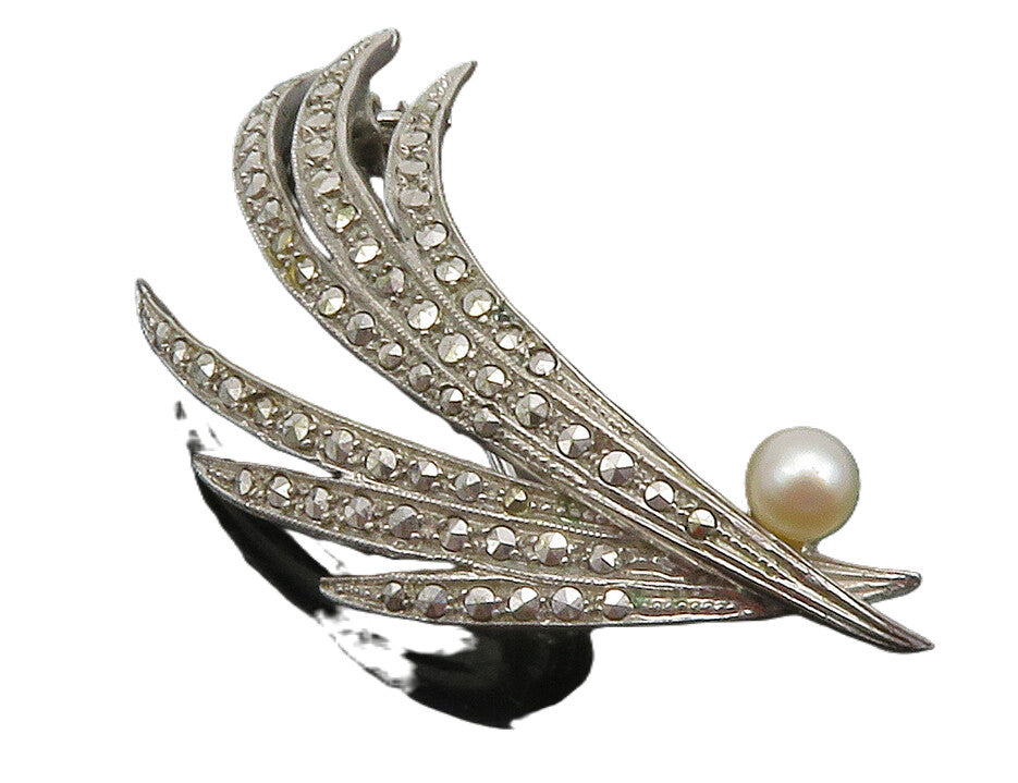 GERMANY 925 Silver  Vintage Petite & Pearl Modernist Floral Brooch Pin  BP4916