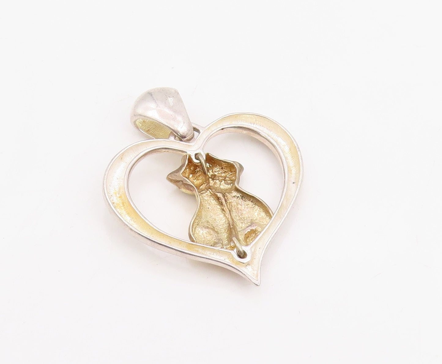 925 Sterling Silver Vintage Pendant Two Tone Cat Couple In Love Heart  PT25890