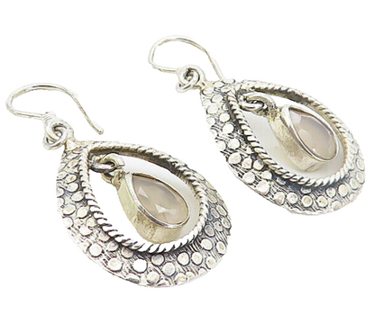 925 Sterling Silver  Vintage Tear Drop Quartz Patterned Dangle Earrings EG3713