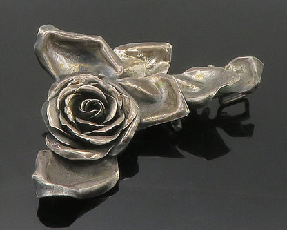 925 Sterling Silver  Vintage Handmade Sculpted Rose Flower Brooch Pin  BP6097