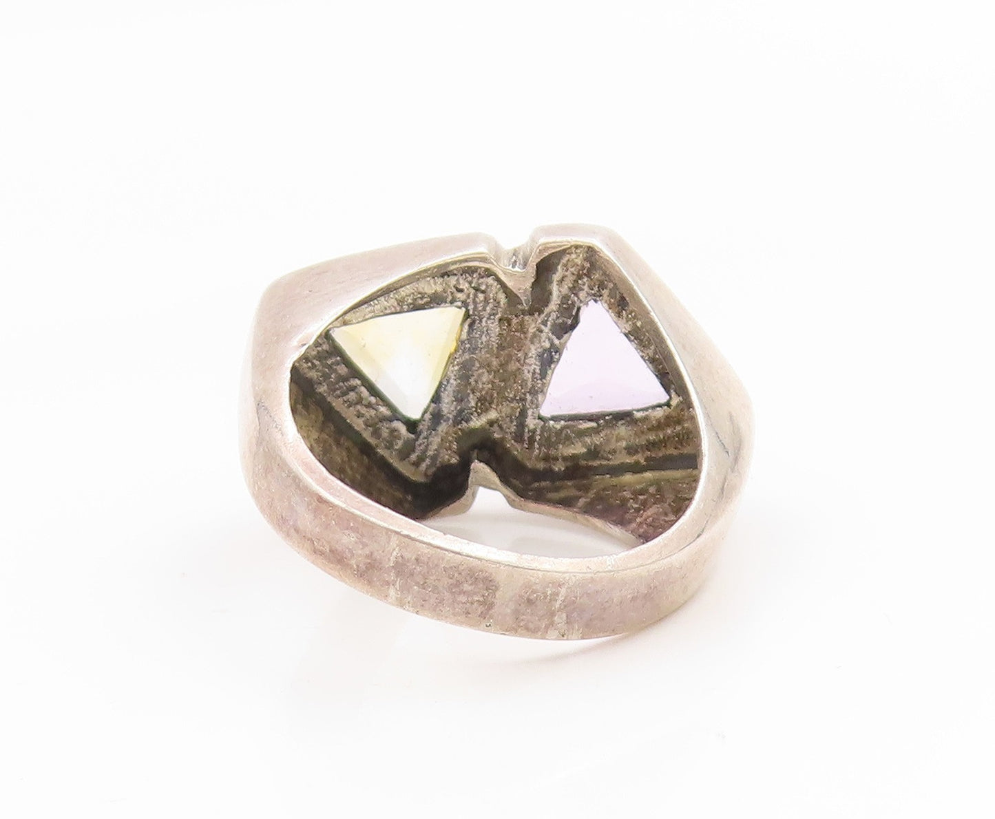 925 Sterling Silver Vintage Ring Amethyst & Citrine Geometric Band Sz 6 RG35175
