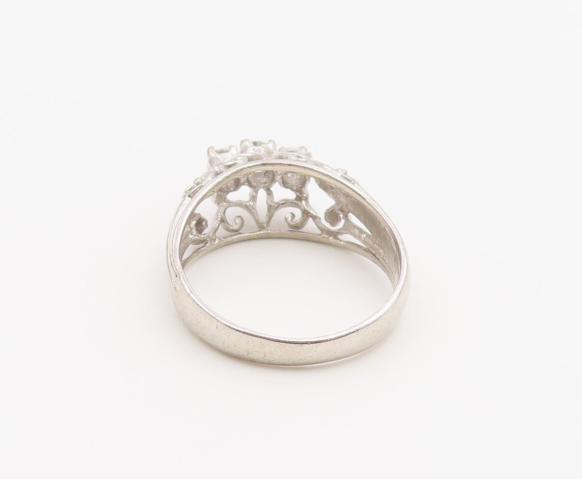 925 Sterling Silver Vintage Ring Three Stone CZ Openwork Band  Sz 6  RG36872