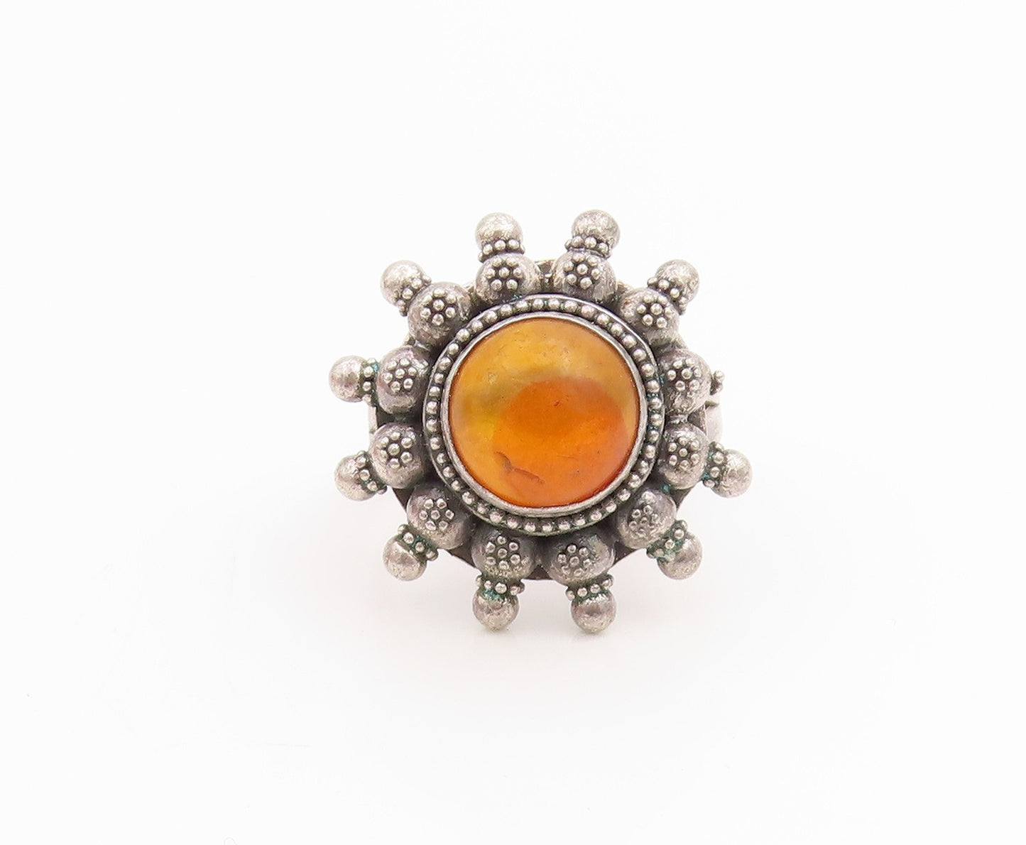 925 Sterling Silver Vintage Ring Round Cabochon Amber Floral Band  Sz 7  RG33799