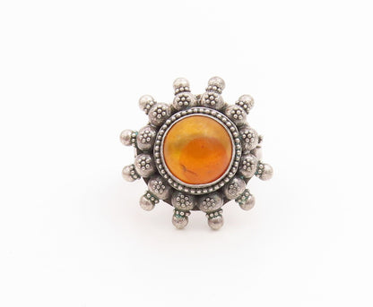 925 Sterling Silver Vintage Ring Round Cabochon Amber Floral Band  Sz 7  RG33799