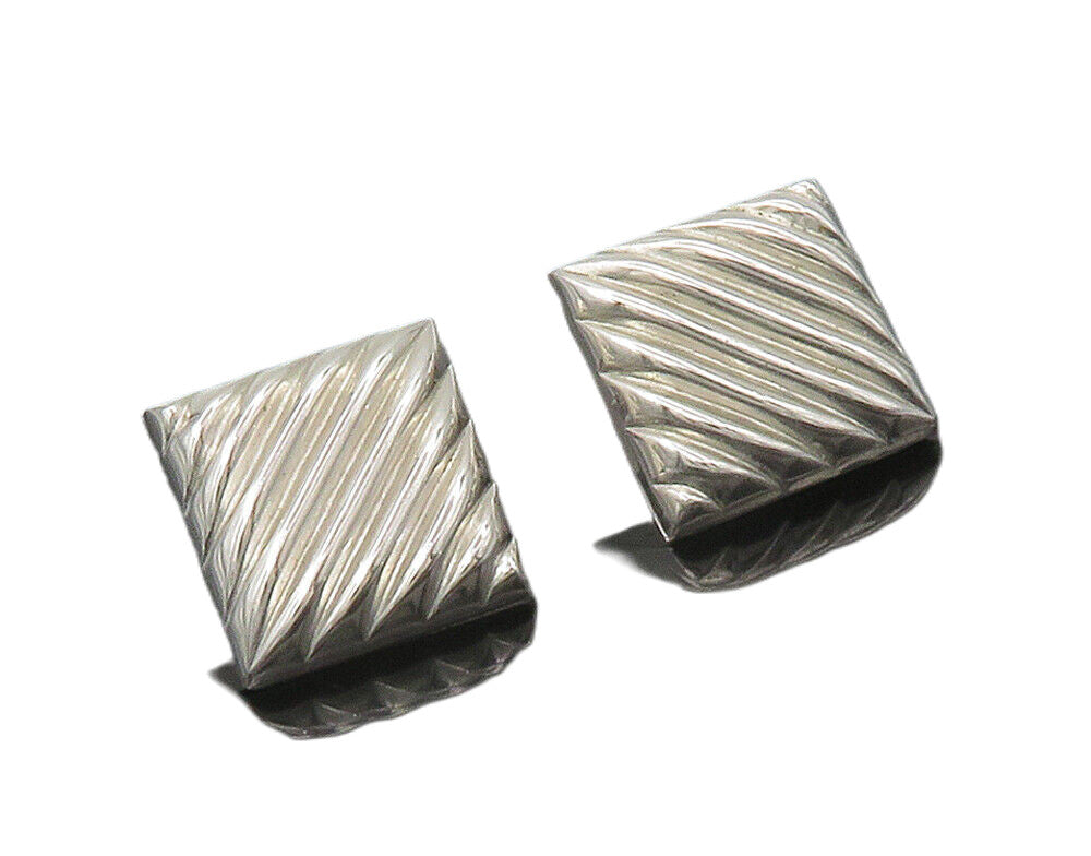 BEAU 925 Sterling Silver  Vintage Shiny Fluted Square Drop Earrings  EG8595