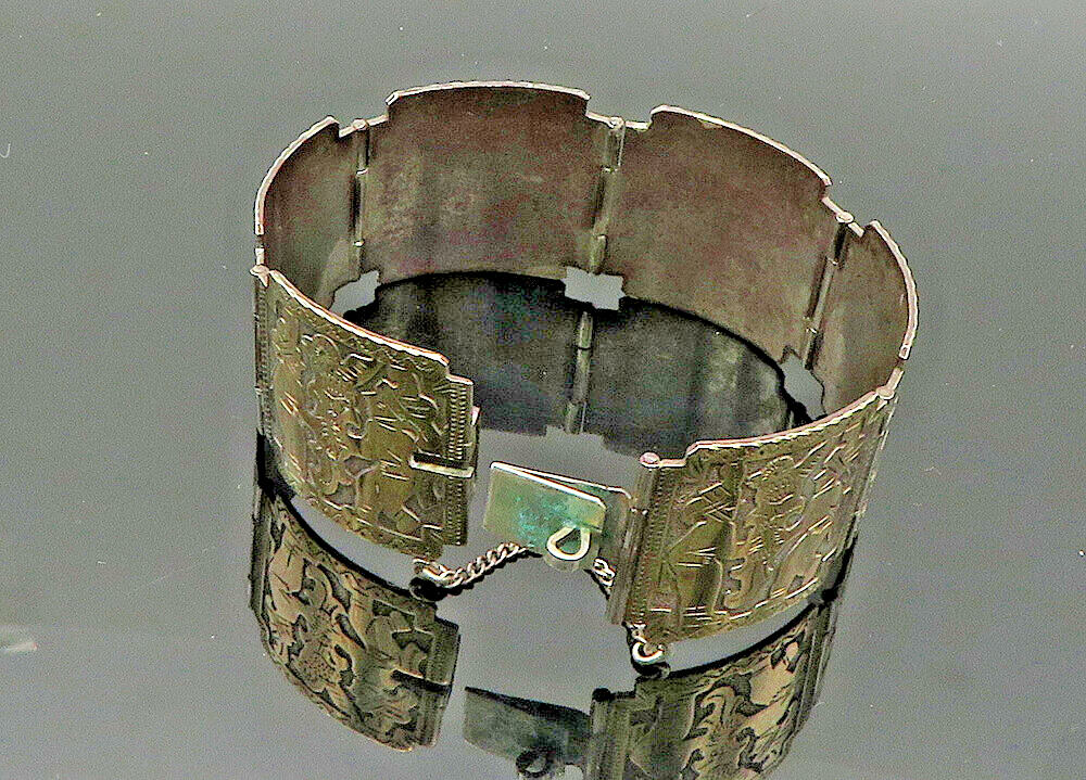 925 Sterling Silver & 18K GOLD  Vintage Warrior Panel Chain Bracelet  BT8242